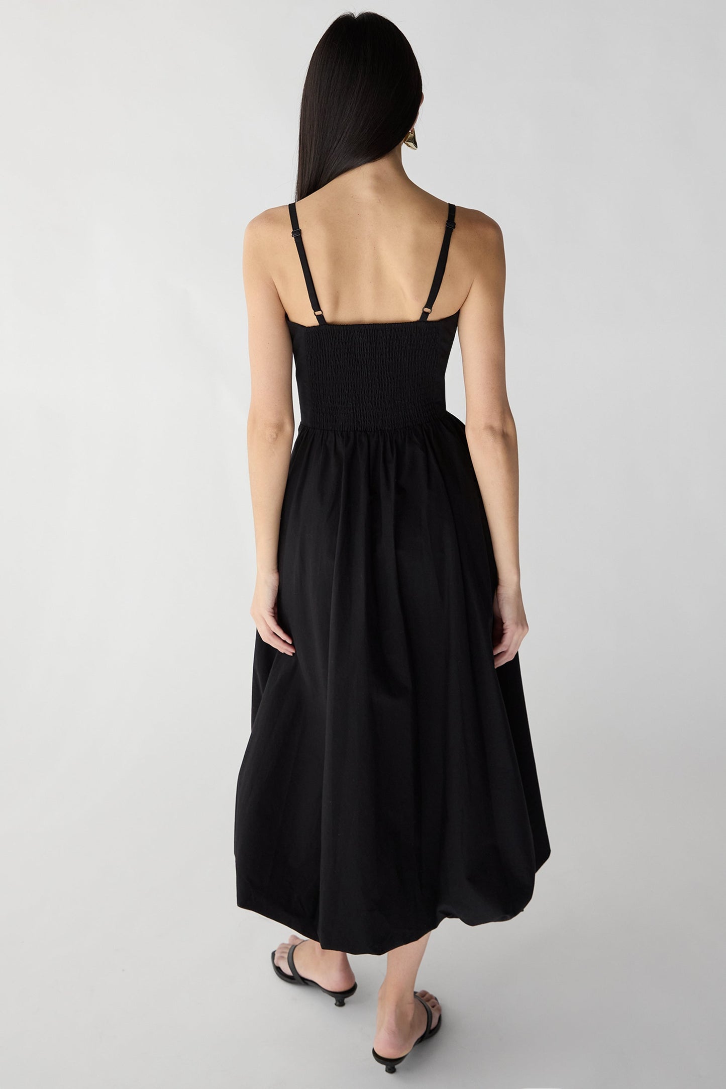 COTTON POPLIN V-WAIST BUBBLE HEM MIDI DRESS