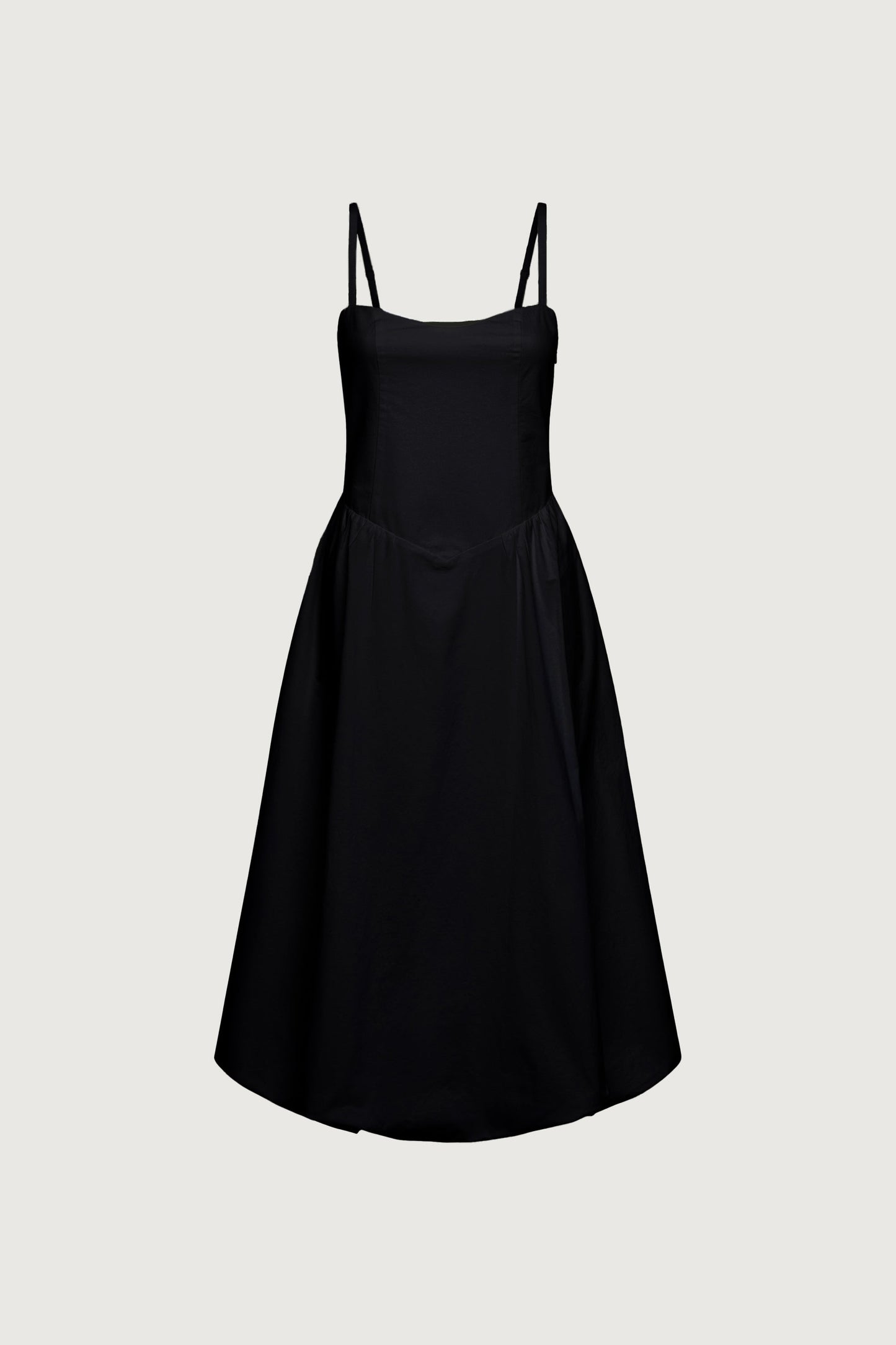 COTTON POPLIN V-WAIST BUBBLE HEM MIDI DRESS