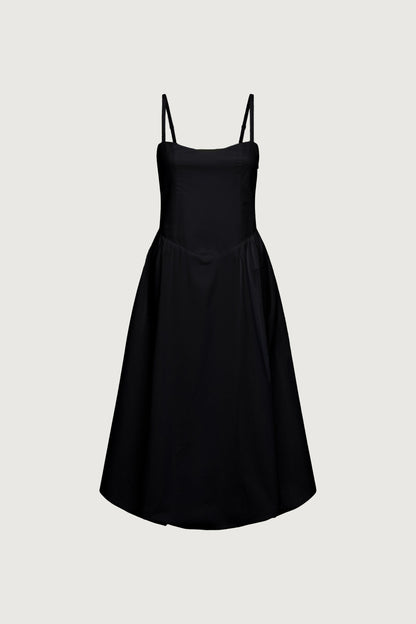 COTTON POPLIN V-WAIST BUBBLE HEM MIDI DRESS