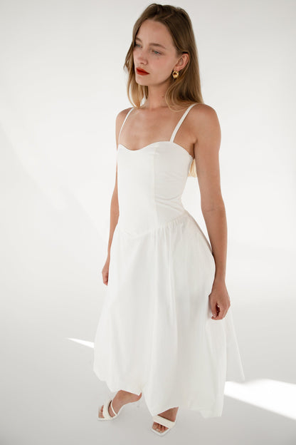 COTTON POPLIN V-WAIST BUBBLE HEM MIDI DRESS