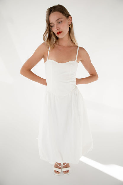 COTTON POPLIN V-WAIST BUBBLE HEM MIDI DRESS