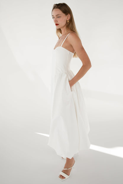 COTTON POPLIN V-WAIST BUBBLE HEM MIDI DRESS