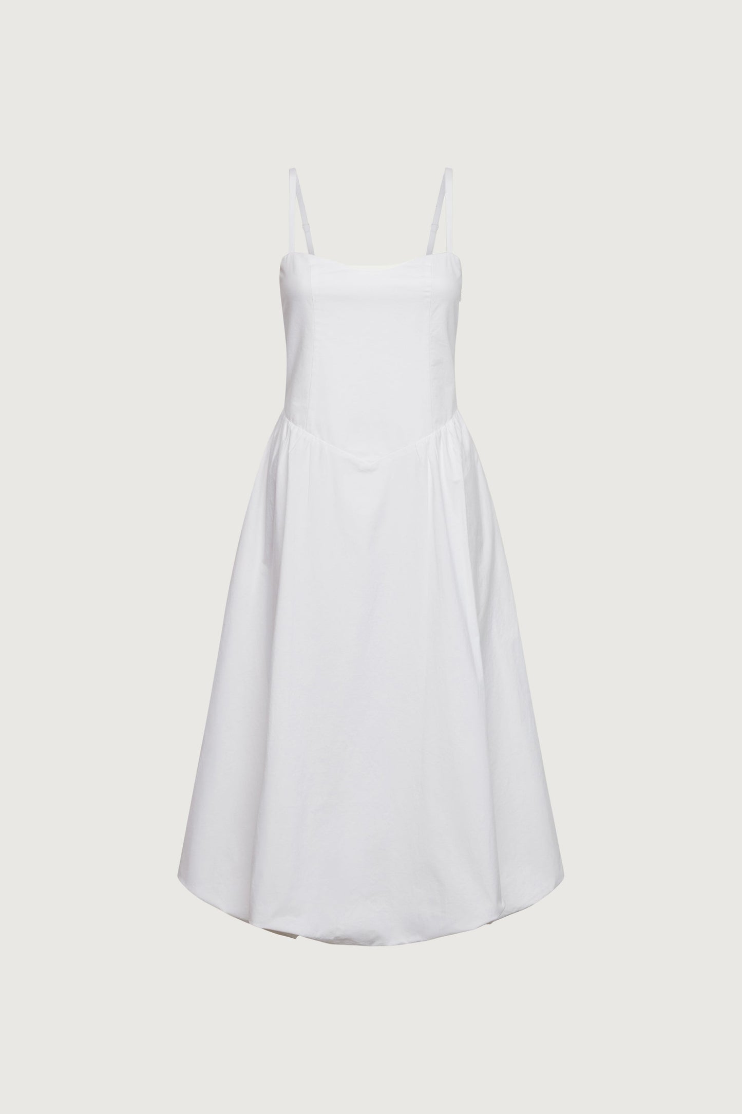 COTTON POPLIN V-WAIST BUBBLE HEM MIDI DRESS