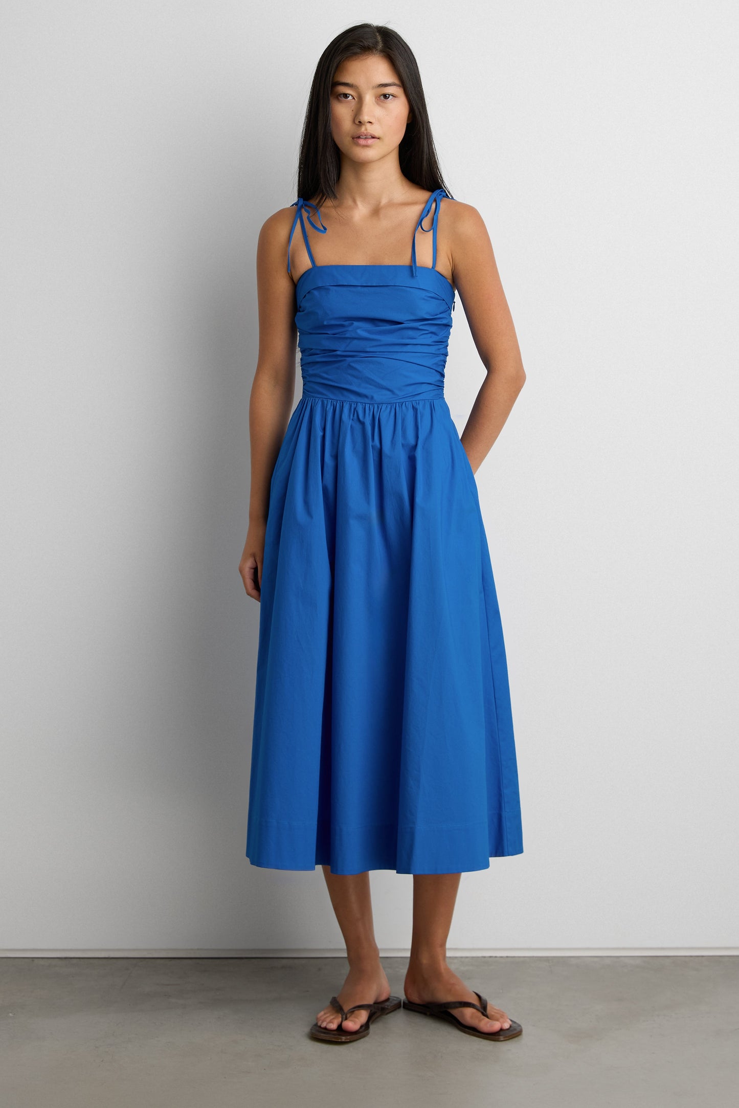 COTTON POPLIN SQUARE NECK MIDI DRESS