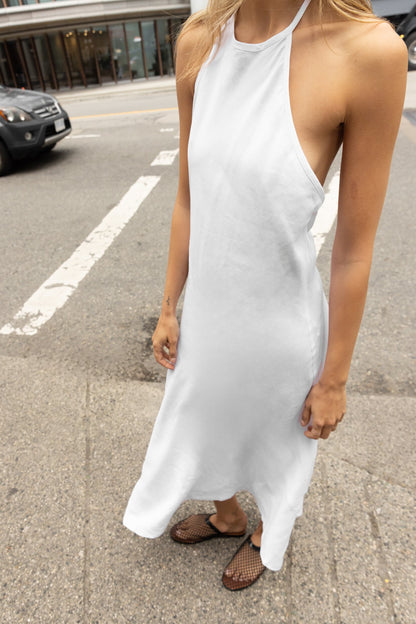 LINEN BLEND HALTER NECK MIDI DRESS