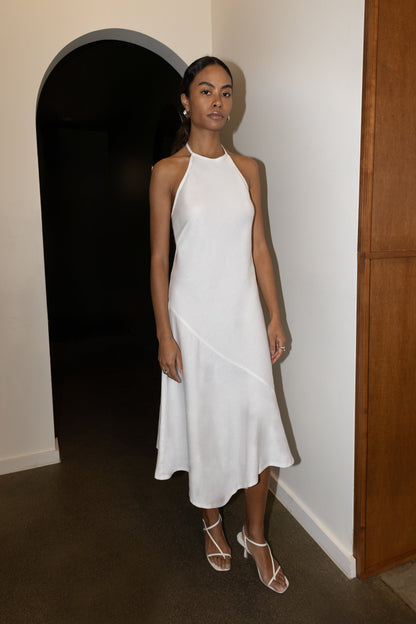 LINEN BLEND HALTER NECK MIDI DRESS