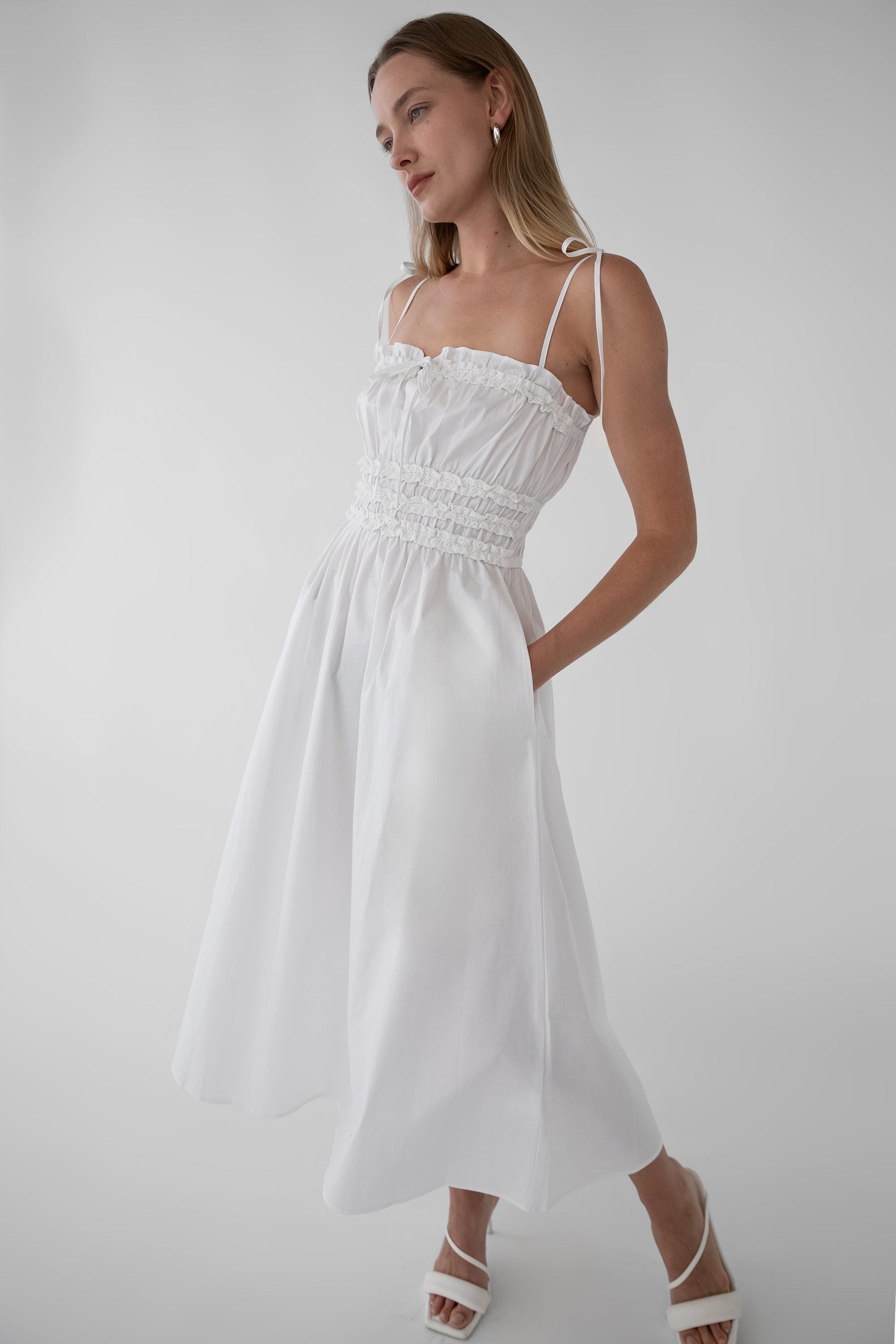 SHIRRED BODICE MIDI DRESS