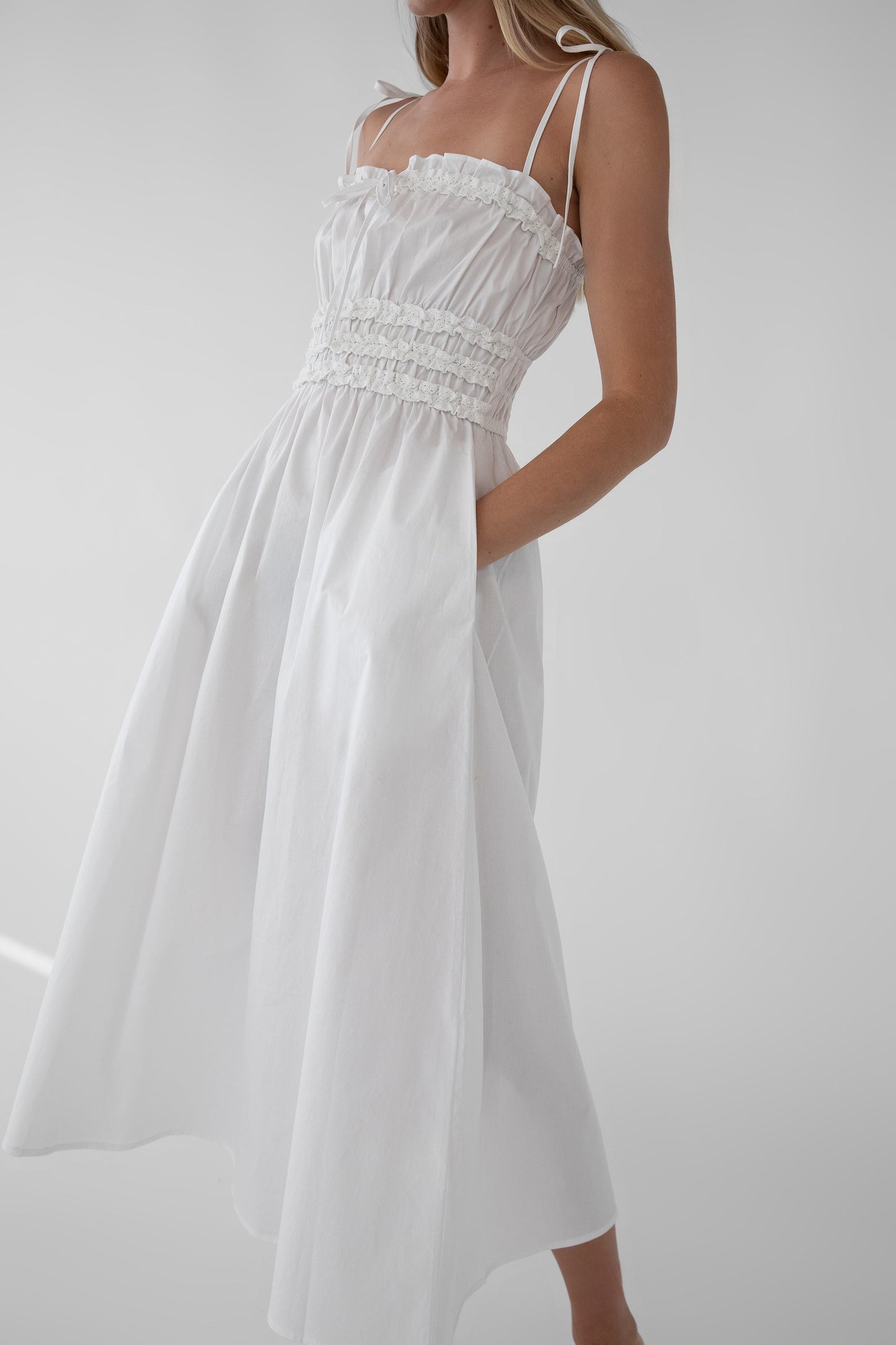 SHIRRED BODICE MIDI DRESS