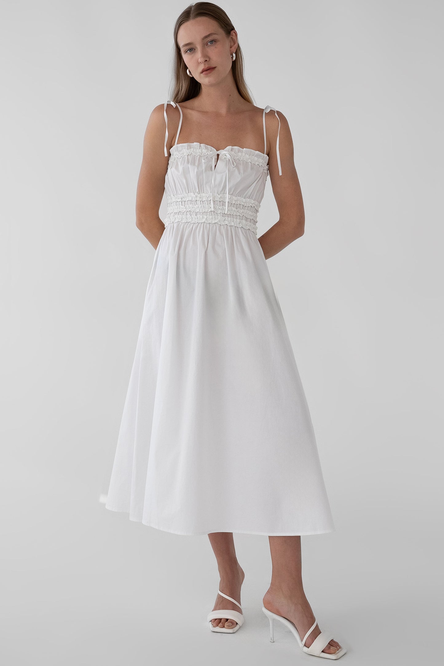 SHIRRED BODICE MIDI DRESS