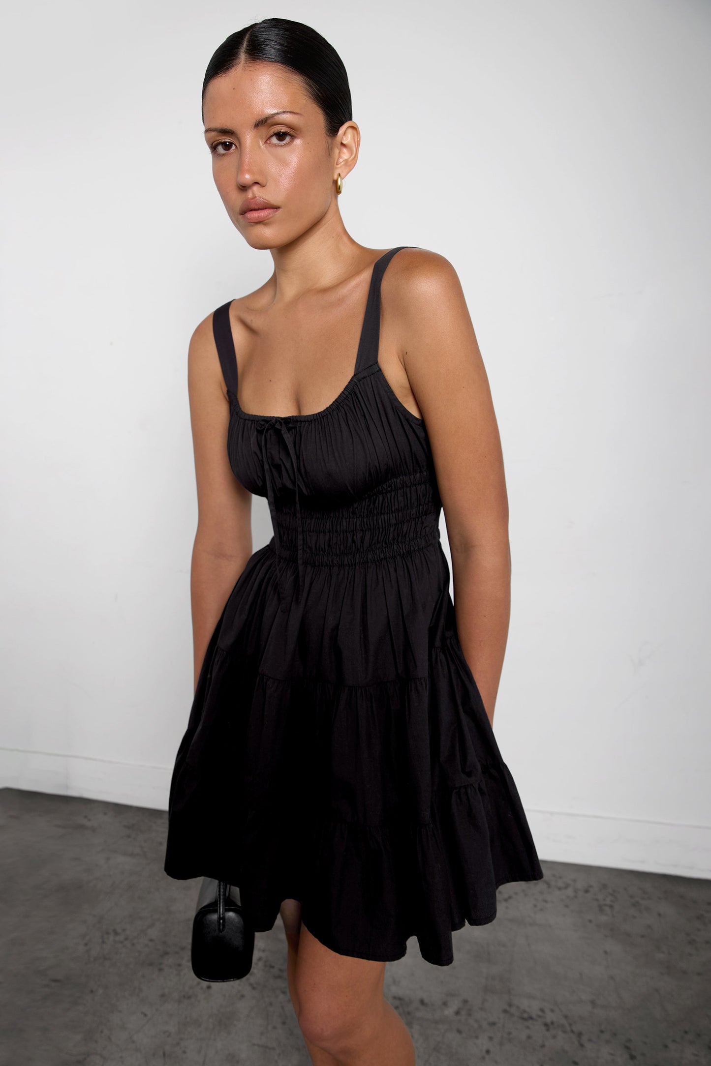 GATHERED COTTON POPLIN MINI DRESS