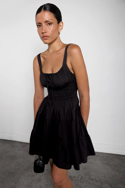 GATHERED COTTON POPLIN MINI DRESS