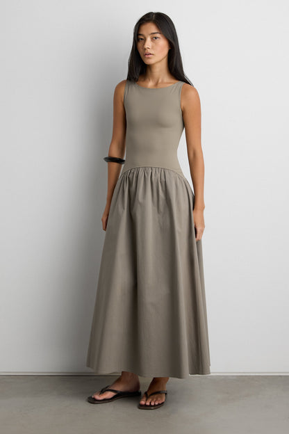 BOAT NECK GATHERED WAIST MIDI DRESS
