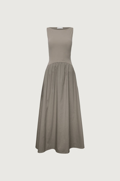 BOAT NECK GATHERED WAIST MIDI DRESS