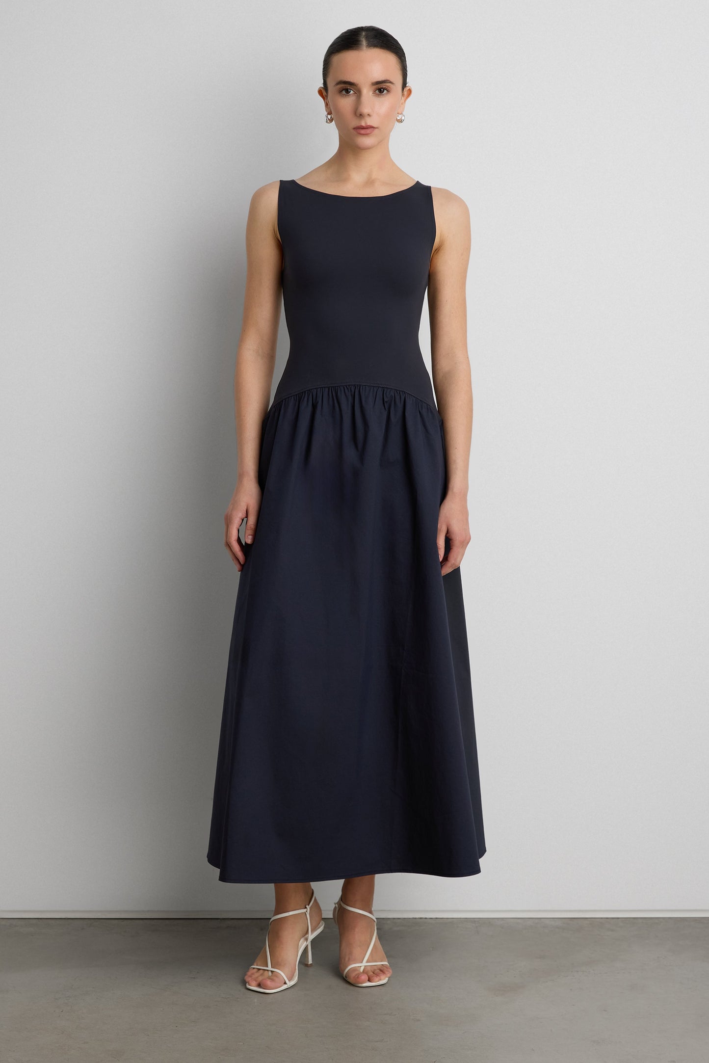 BOAT NECK GATHERED WAIST MIDI DRESS
