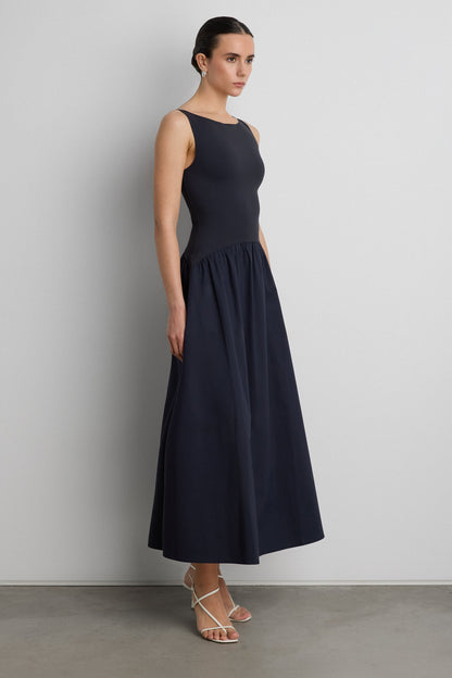 BOAT NECK GATHERED WAIST MIDI DRESS
