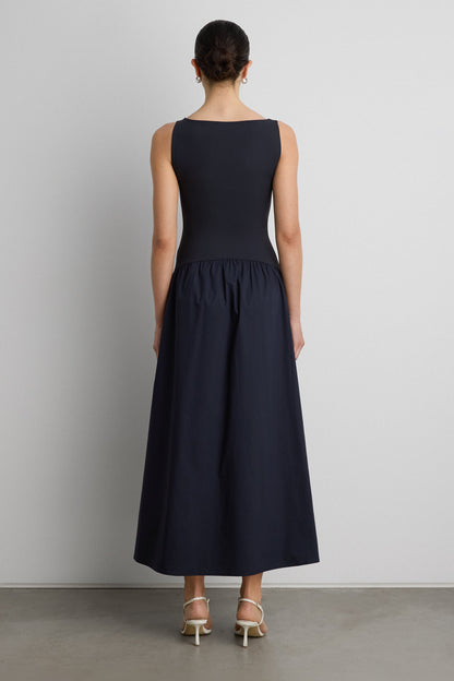 BOAT NECK GATHERED WAIST MIDI DRESS