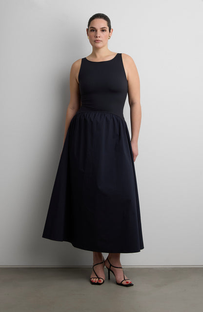 BOAT NECK GATHERED WAIST MIDI DRESS