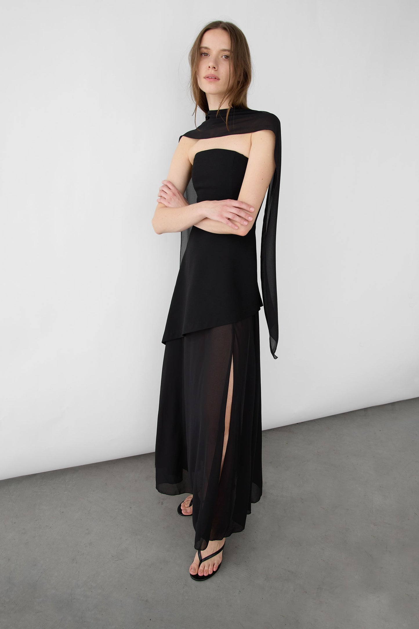 TUBE MAXI DRESS WITH CONTRAST SKIRT AND SCARF