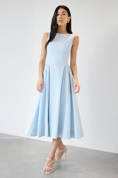 COTTON POPLIN HIGH NECK MIDI DRESS