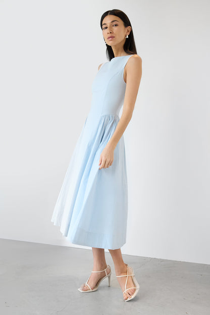 COTTON POPLIN HIGH NECK MIDI DRESS