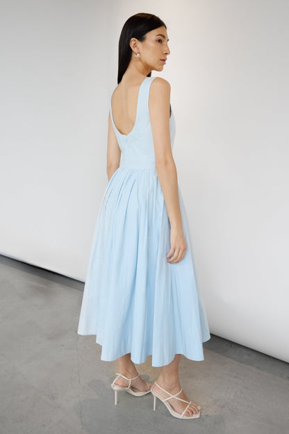 COTTON POPLIN HIGH NECK MIDI DRESS
