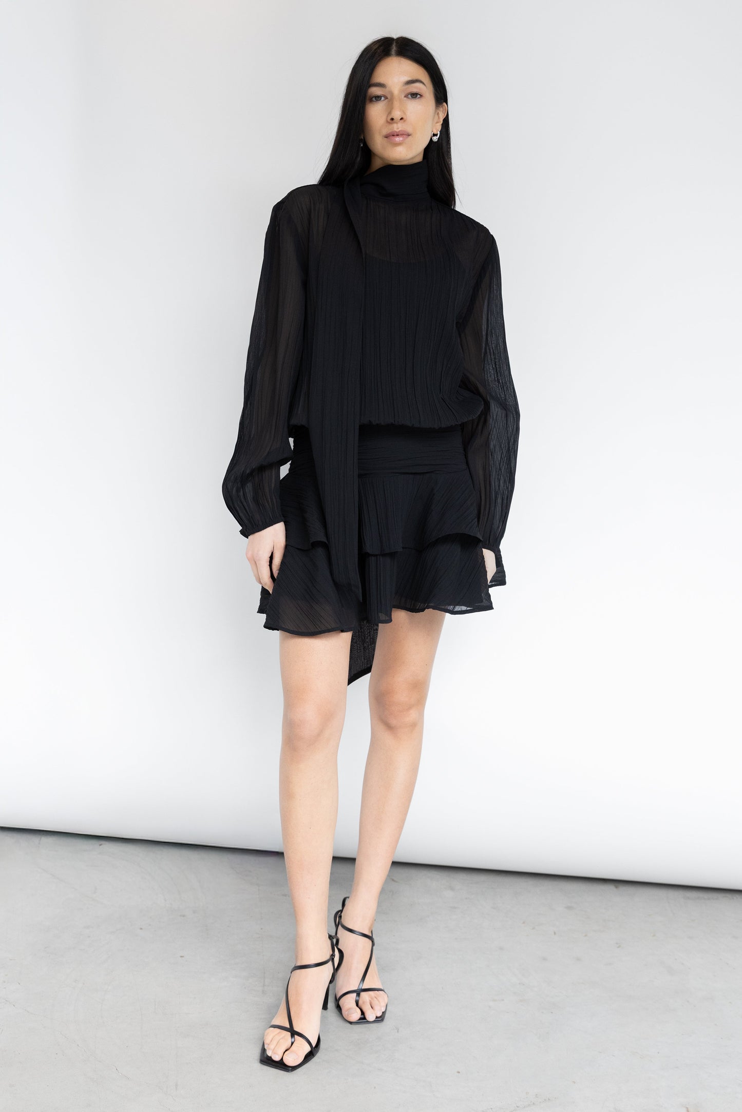 MOCKNECK LONG SLEEVE SHEER RUFFLED MINI DRESS