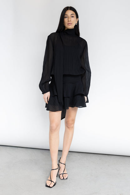 MOCKNECK LONG SLEEVE SHEER RUFFLED MINI DRESS
