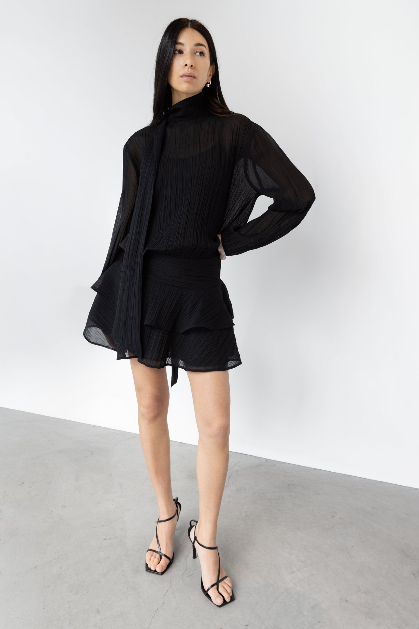 MOCKNECK LONG SLEEVE SHEER RUFFLED MINI DRESS