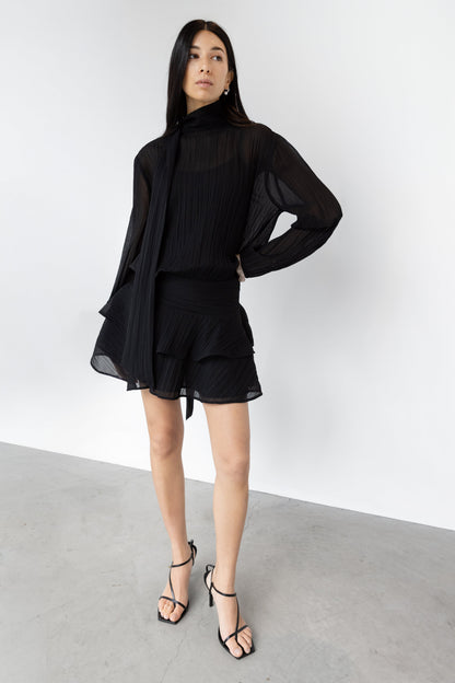 MOCKNECK LONG SLEEVE SHEER RUFFLED MINI DRESS