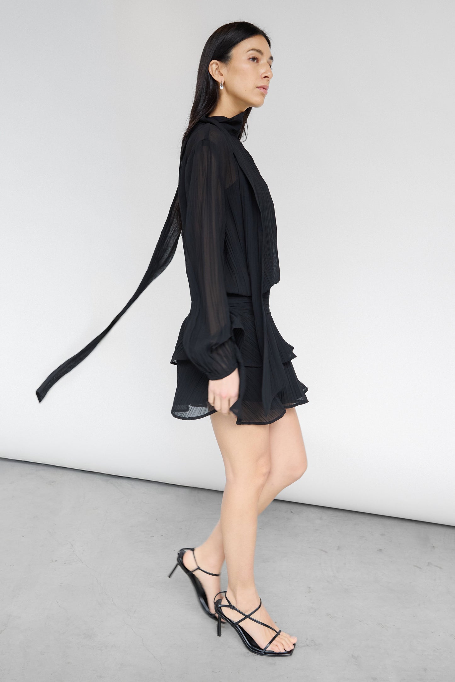 MOCKNECK LONG SLEEVE SHEER RUFFLED MINI DRESS