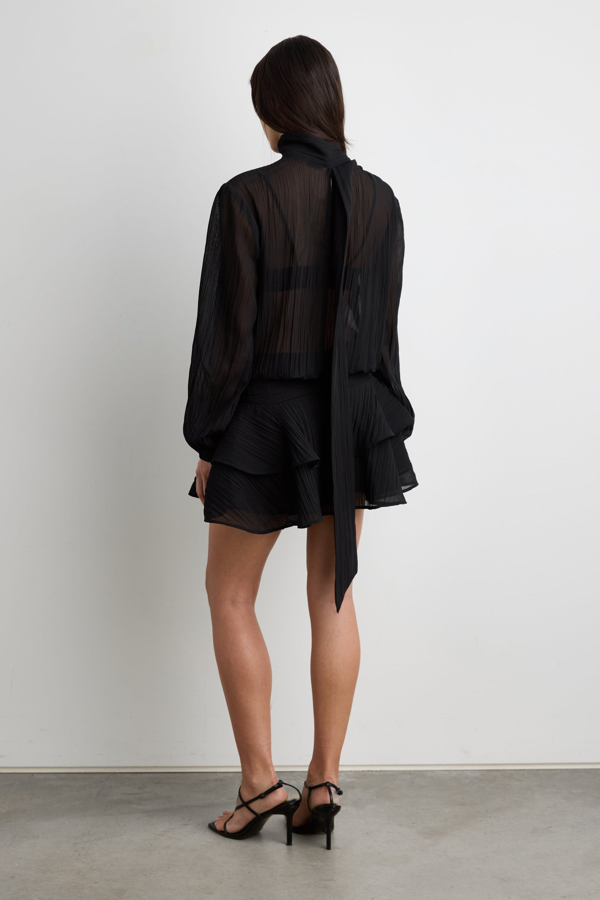 MOCKNECK LONG SLEEVE SHEER RUFFLED MINI DRESS