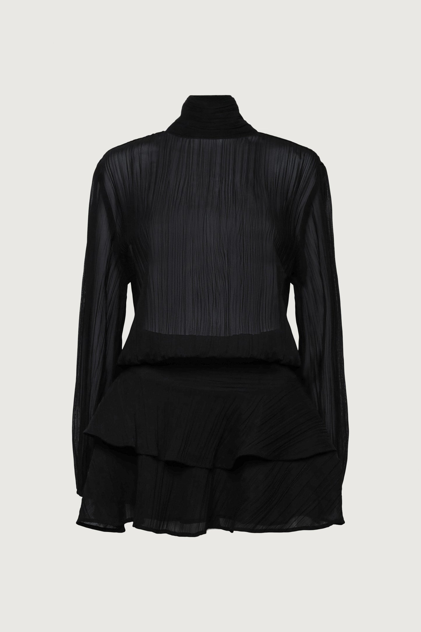 MOCKNECK LONG SLEEVE SHEER RUFFLED MINI DRESS