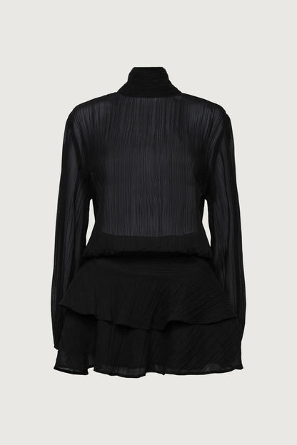 MOCKNECK LONG SLEEVE SHEER RUFFLED MINI DRESS