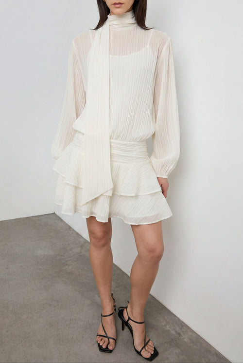MOCKNECK LONG SLEEVE SHEER RUFFLED MINI DRESS