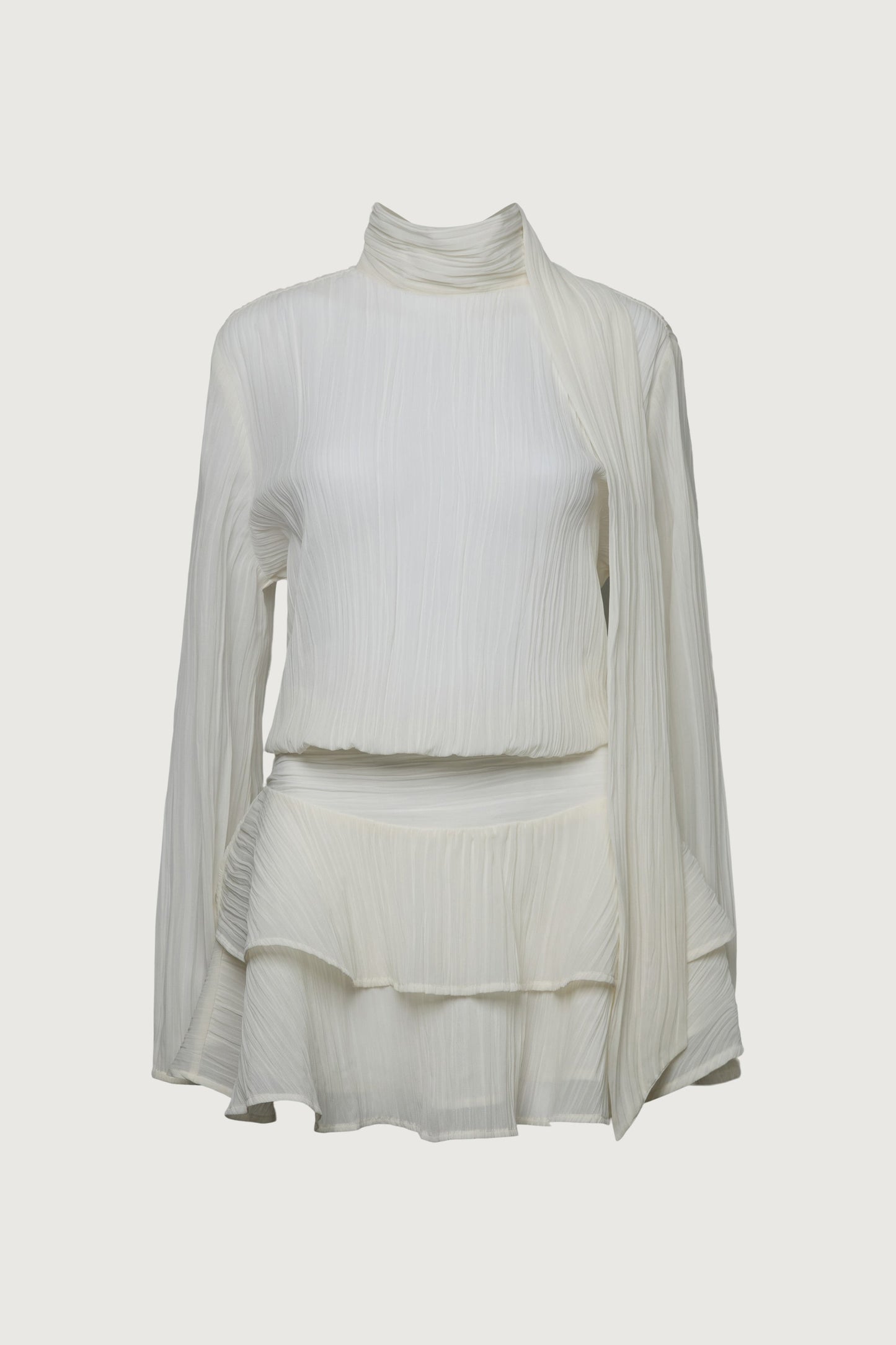 MOCKNECK LONG SLEEVE SHEER RUFFLED MINI DRESS