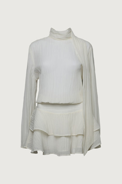 MOCKNECK LONG SLEEVE SHEER RUFFLED MINI DRESS