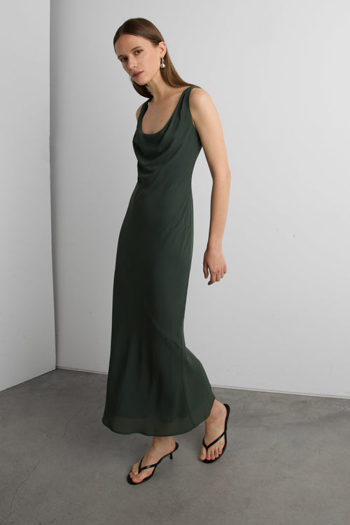 COWLNECK CHIFFON MIDI DRESS
