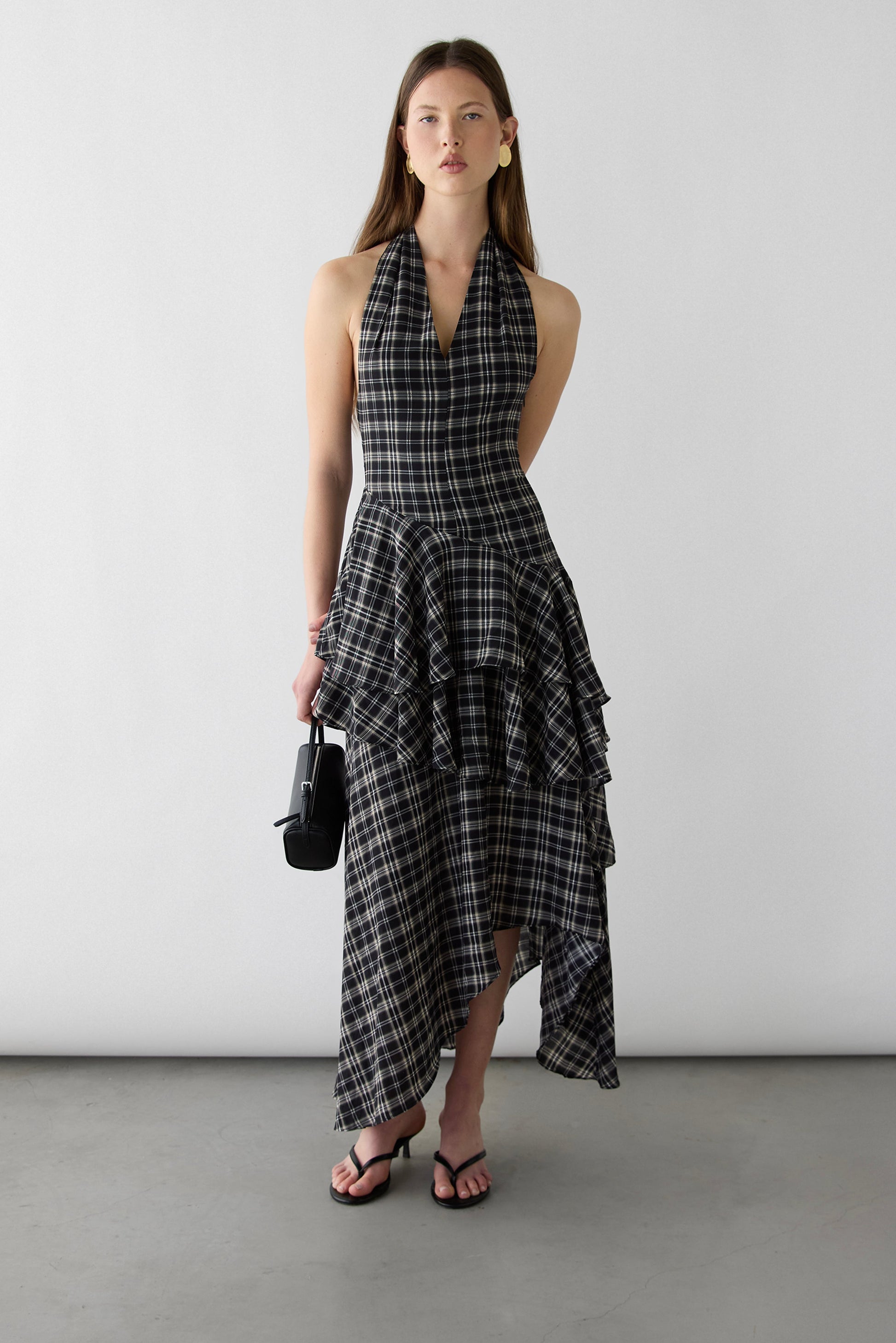 PLAID HALTER TIERED DRESS
