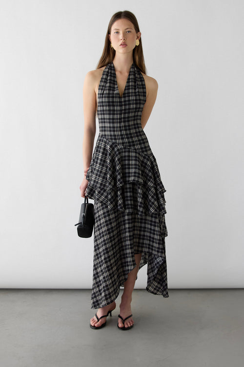 PLAID HALTER TIERED DRESS