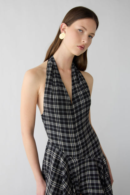 PLAID HALTER TIERED DRESS