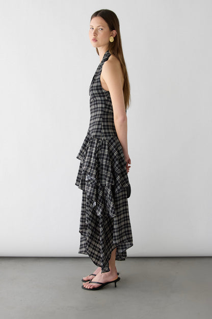 PLAID HALTER TIERED DRESS