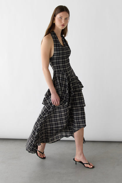 PLAID HALTER TIERED DRESS