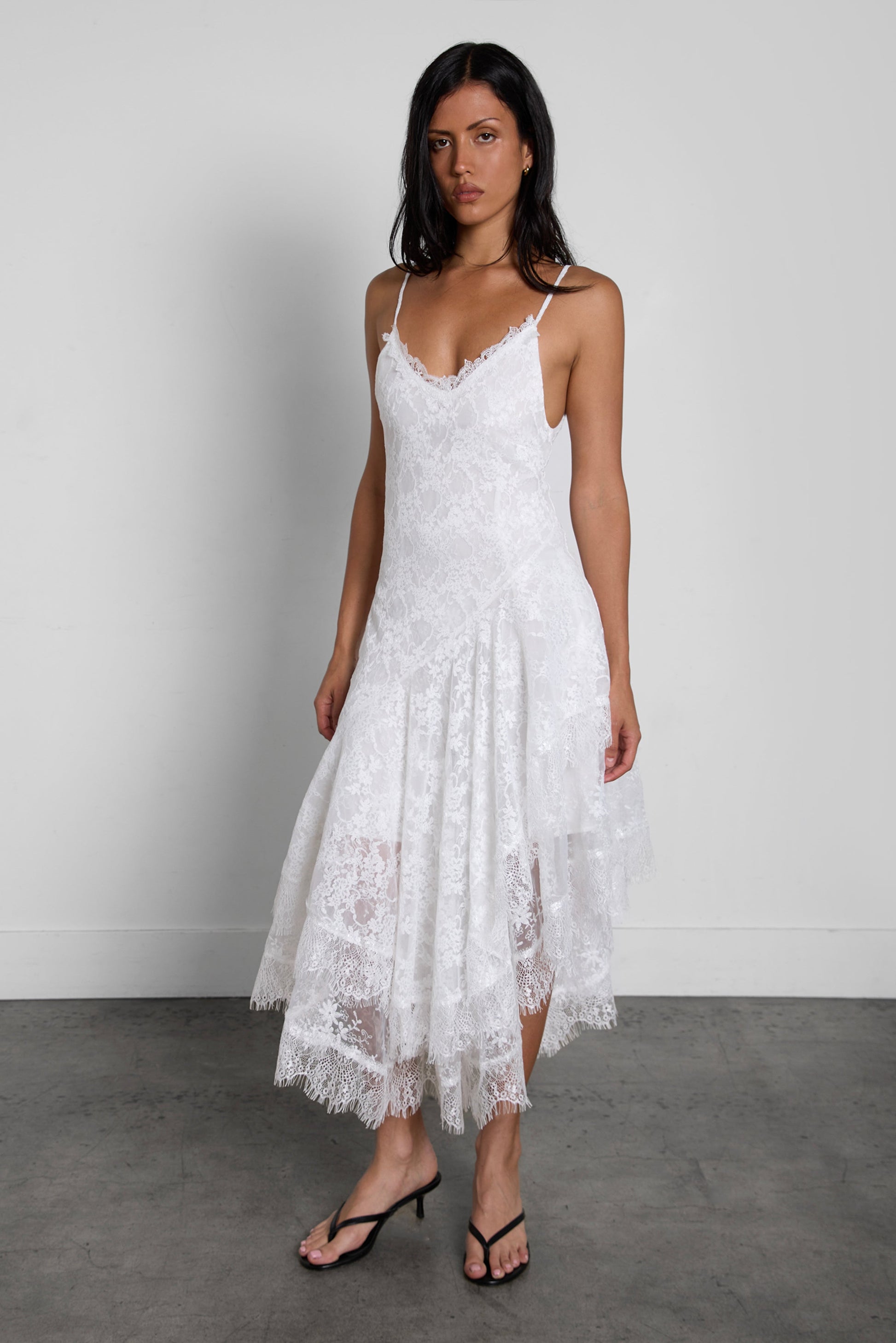 ASYMMETRICAL LACE CAMI SLIP DRESS
