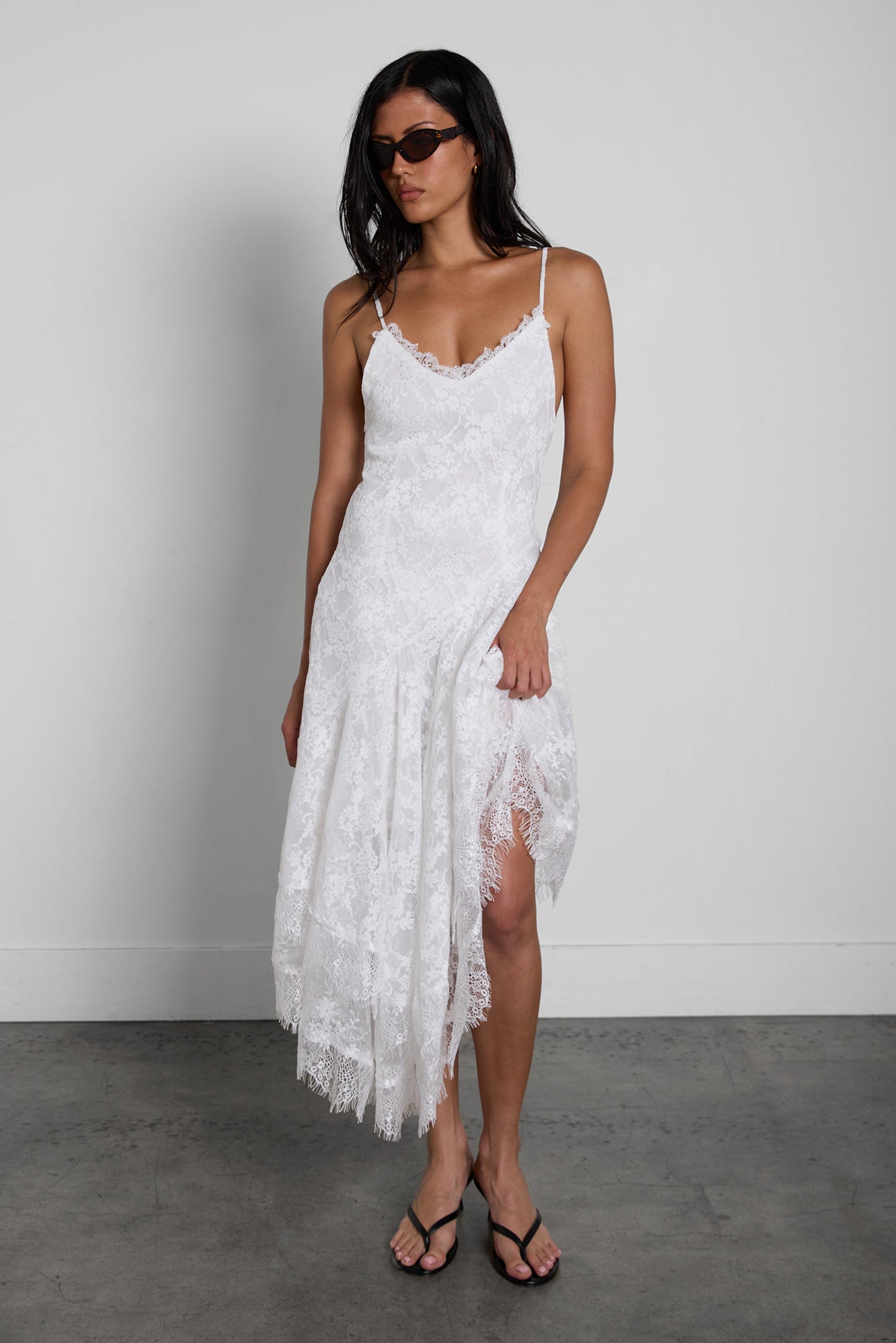 ASYMMETRICAL LACE CAMI SLIP DRESS