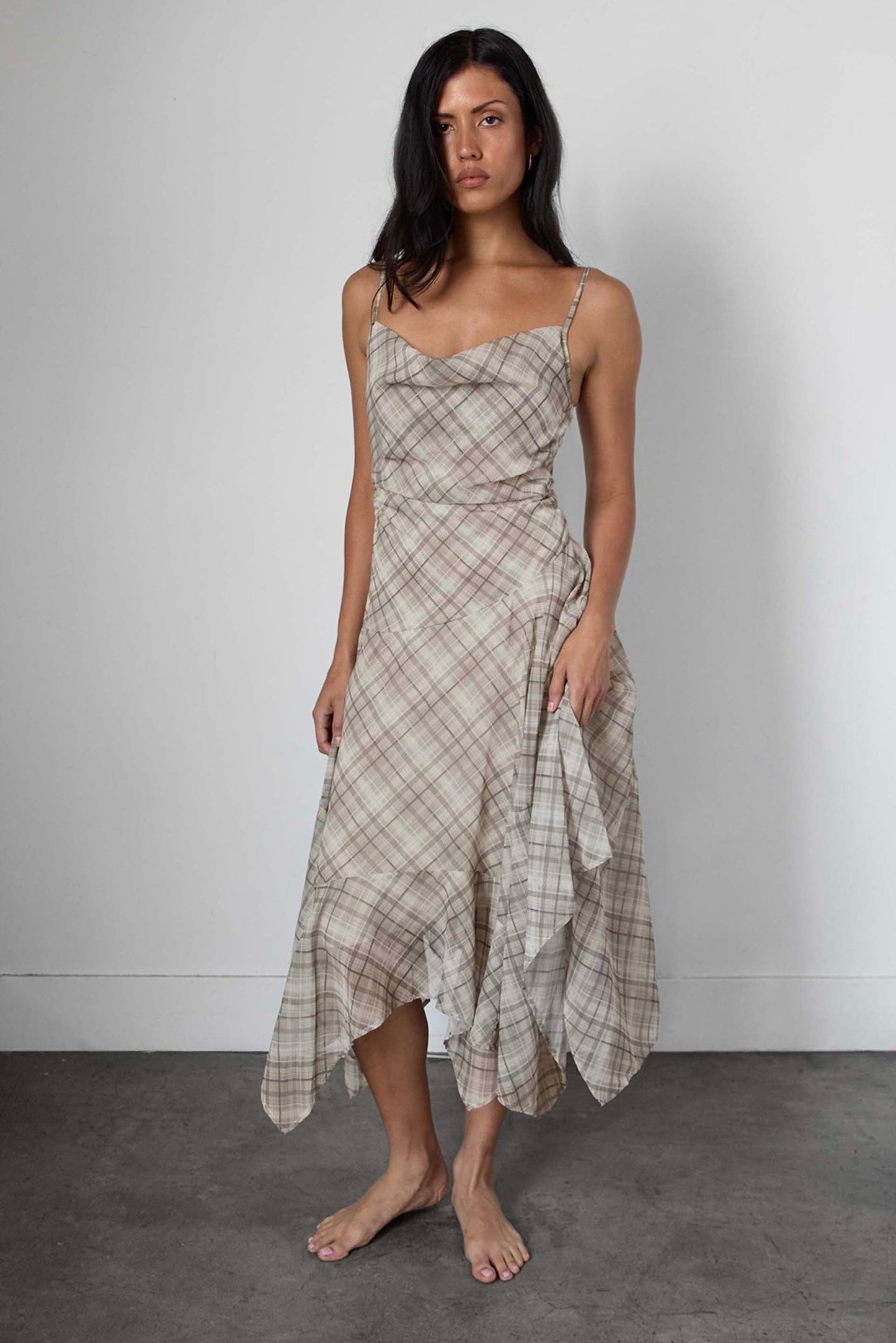 PLAID RUCHED SLIP DRESS