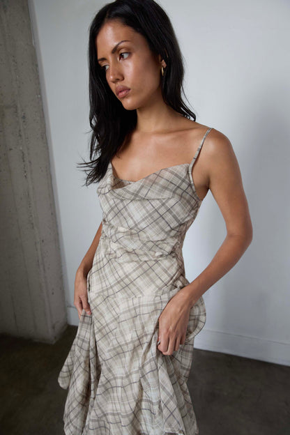 PLAID RUCHED SLIP DRESS