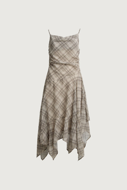 PLAID RUCHED SLIP DRESS