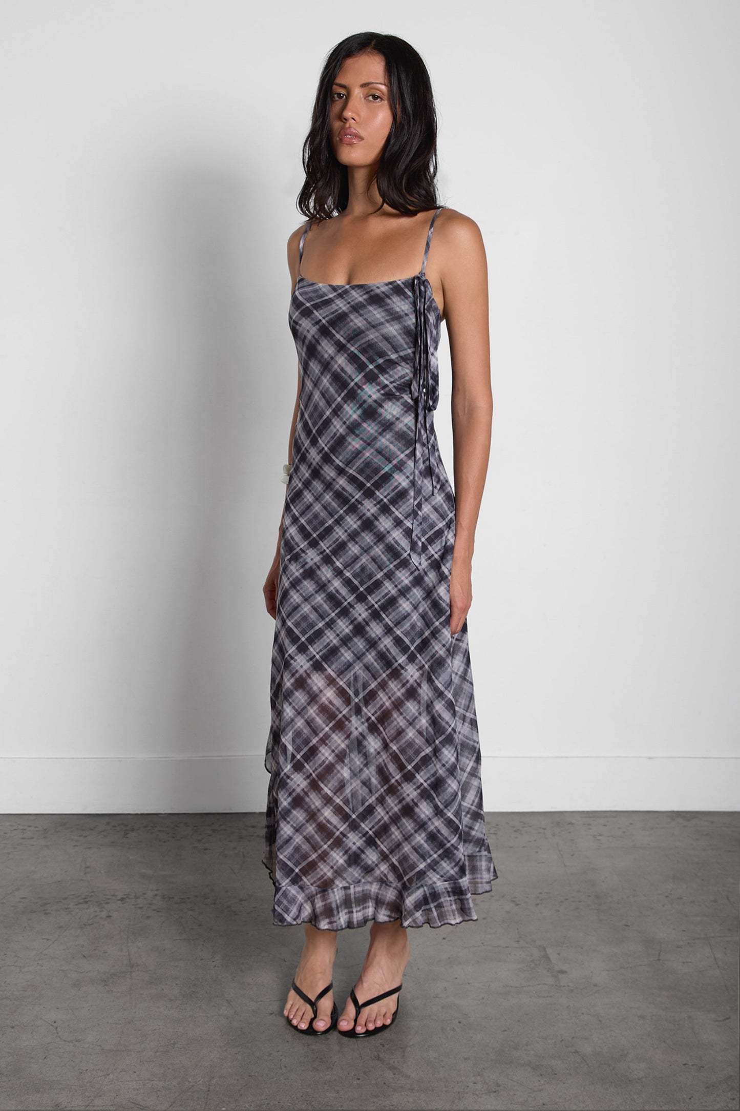 PLAID TIE-NECK SLIP DRESS
