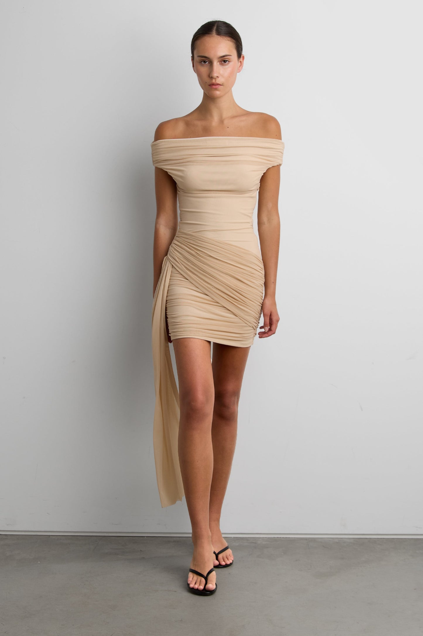 MESH OFF-SHOULDER DRAPED MINI DRESS