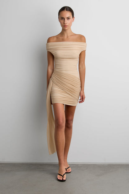 MESH OFF-SHOULDER DRAPED MINI DRESS